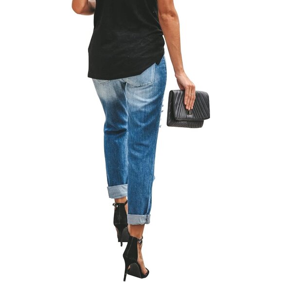 Women's Ripped Mid Waisted Boyfriend Jeans Stretchy Denim Casual Pants - Picture 3 of 5